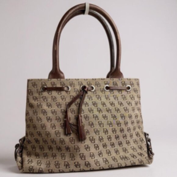 Dooney & Bourke Logo Canvas Satchel Brown Monogram, Leather Handles with Tassel - Picture 1 of 10